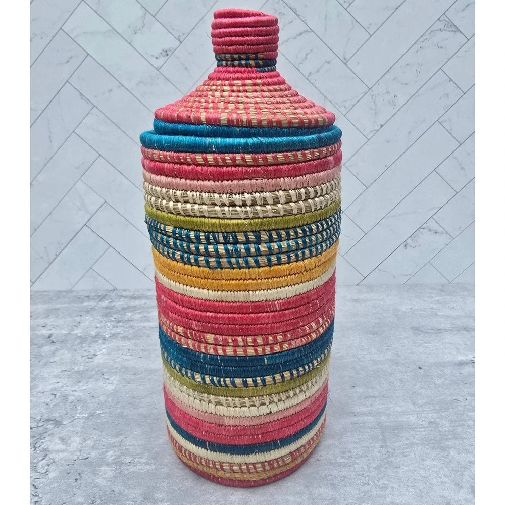 Handcrafted Rwanda Woven Basket Vase with Lid Tassel and Glass Insert Multicolor